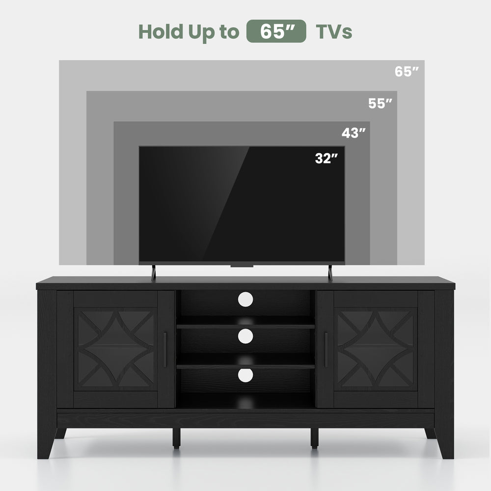 Farmhouse TV stand in black with geometric patterns, holding TVs up to 65 inches, featuring 4 adjustable shelves.