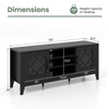 Farmhouse TV stand in black with geometric doors, featuring 4 adjustable shelves and space for TVs up to 65 inches.