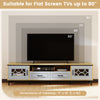 Dimensions chart for the Farmhouse TV stand in oak and gray, suitable for flat screen TVs up to 80 inches, measuring.