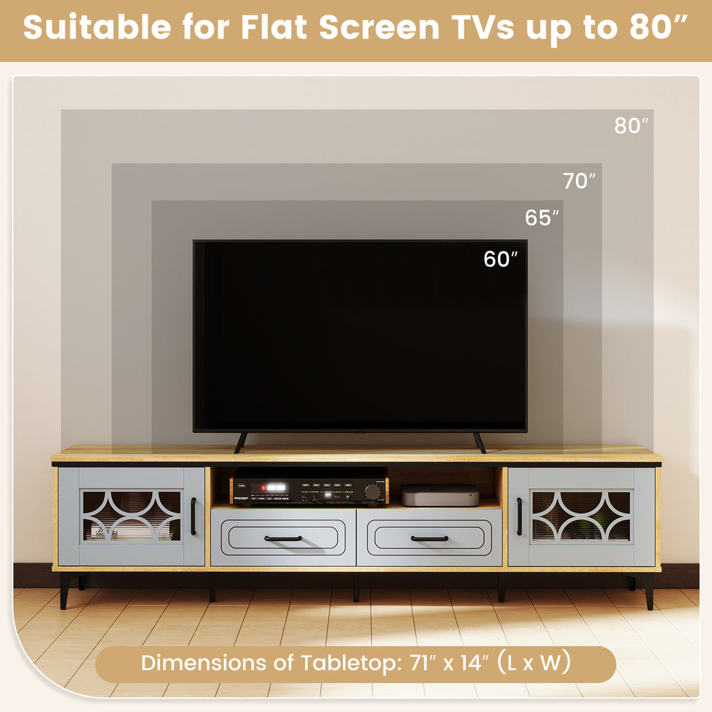 Dimensions chart for the Farmhouse TV stand in oak and gray, suitable for flat screen TVs up to 80 inches, measuring.