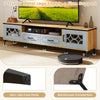 Farmhouse TV stand in oak and gray with 2 drawers, sturdy metal legs, and ample storage for TVs up to 80 inches.
