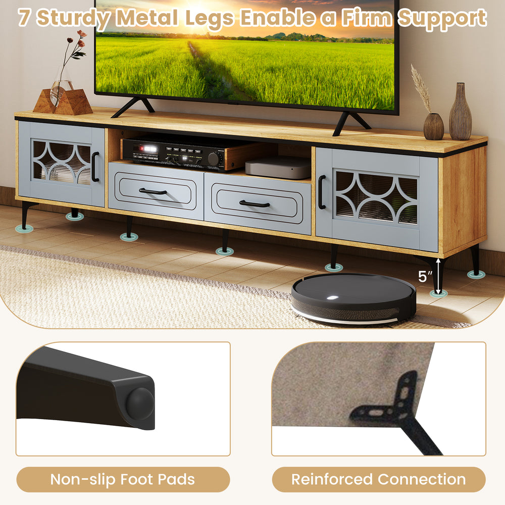Farmhouse TV stand in oak and gray with 2 drawers, sturdy metal legs, and ample storage for TVs up to 80 inches.