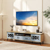 Farmhouse TV stand in oak and gray with 2 drawers and cabinets, designed for TVs up to 80 inches, perfect for stylish.