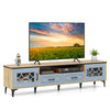 Farmhouse TV stand in oak and gray for TVs up to 80 inches, featuring 2 drawers and ample storage space.