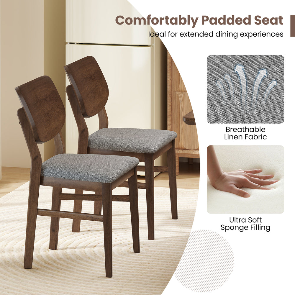 Set of 2 farmhouse upholstered kitchen chairs with gray breathable linen fabric and rubber wood frame for dining.