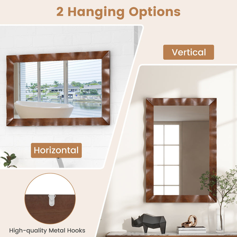 Farmhouse wall mirror with a solid wood frame in brown, featuring vertical and horizontal hanging options for versatile.
