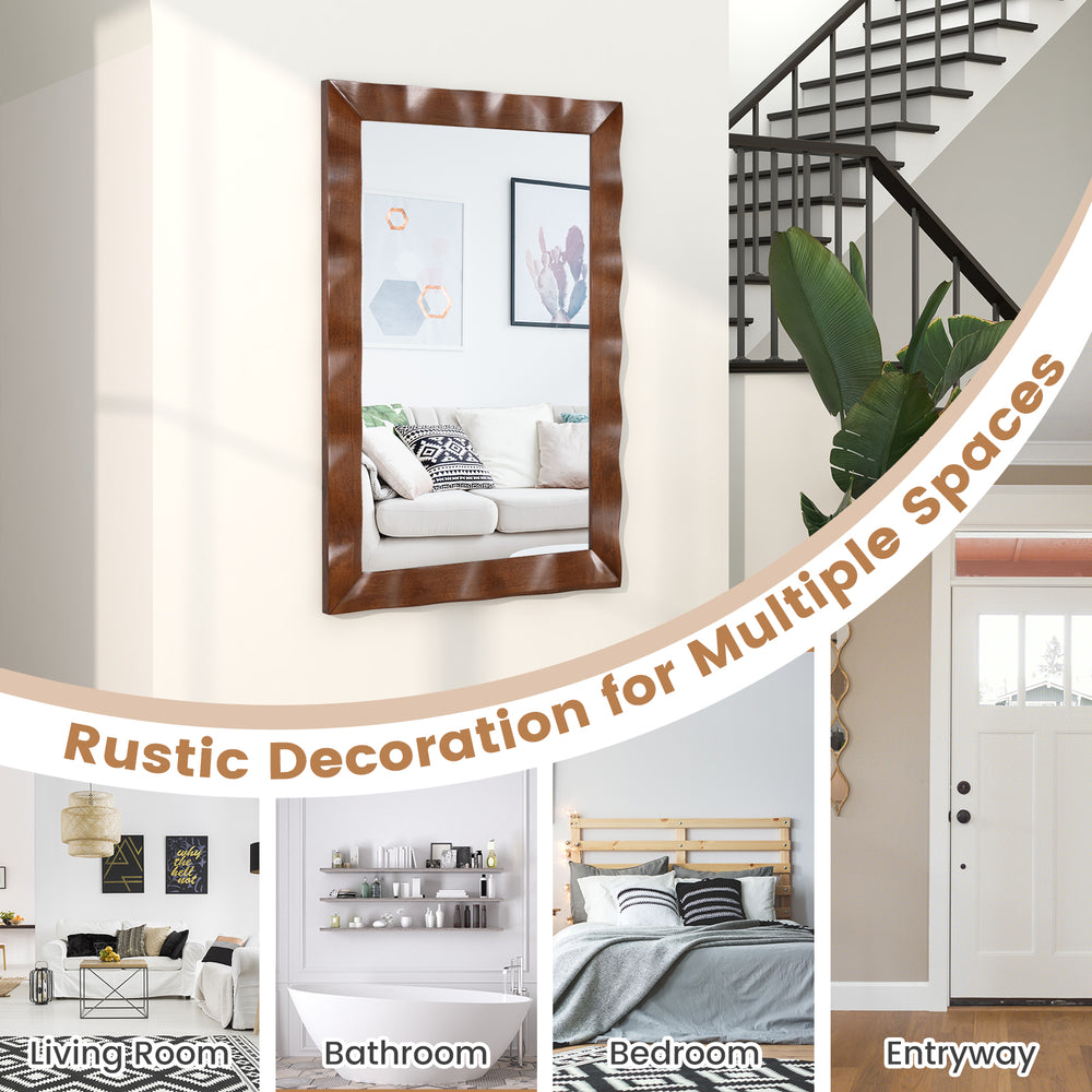 Farmhouse wall mirror with a brown solid wood frame, 41.5 x 28 inches, ideal for enhancing indoor spaces.