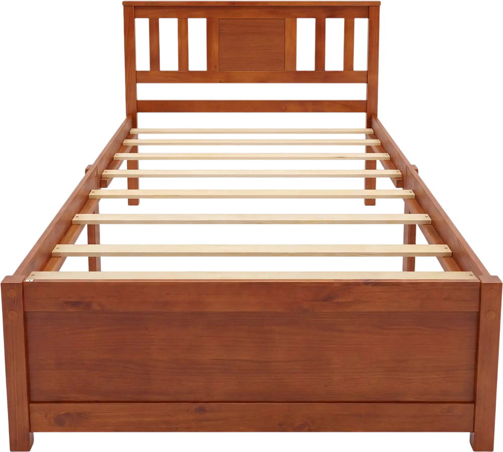 Farmhouse wooden bed frame in walnut finish with slatted headboard and sturdy wood slat support for twin size mattress.