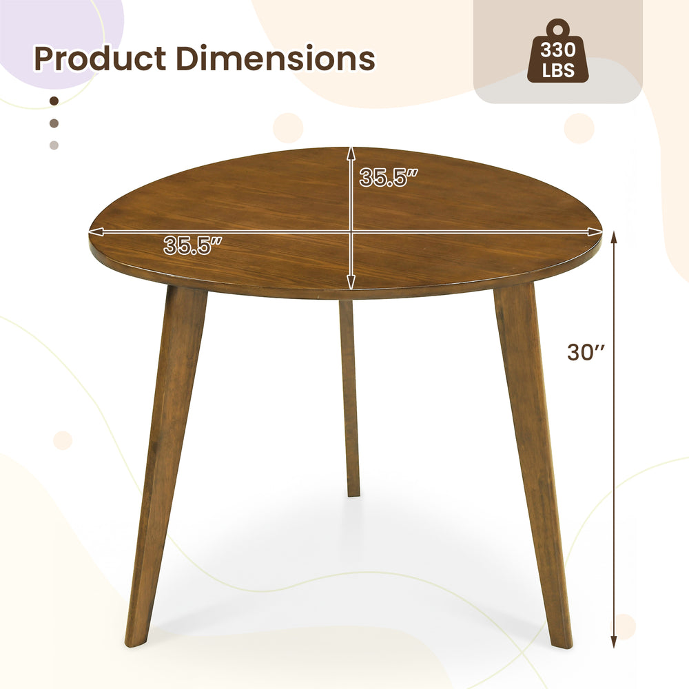 Round walnut dining table with rubber wood legs, 35.5" diameter, perfect for cozy gatherings and compact spaces.