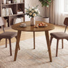 Round walnut dining table for 4 with rubber wood legs, featuring a unique triangle-shaped tabletop, perfect for cozy.
