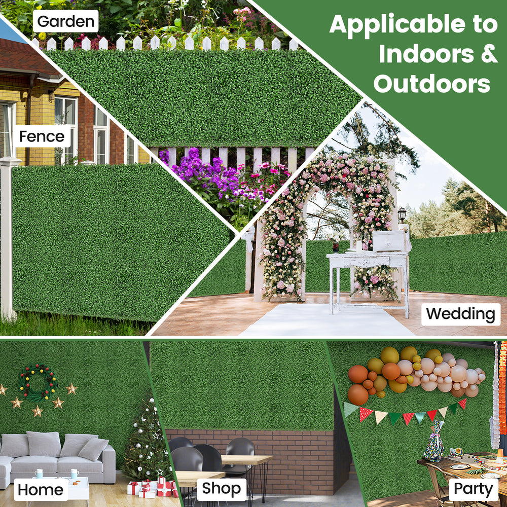 Artificial boxwood wall panels with dense leaves, ideal for indoor and outdoor decoration at parties and gardens.