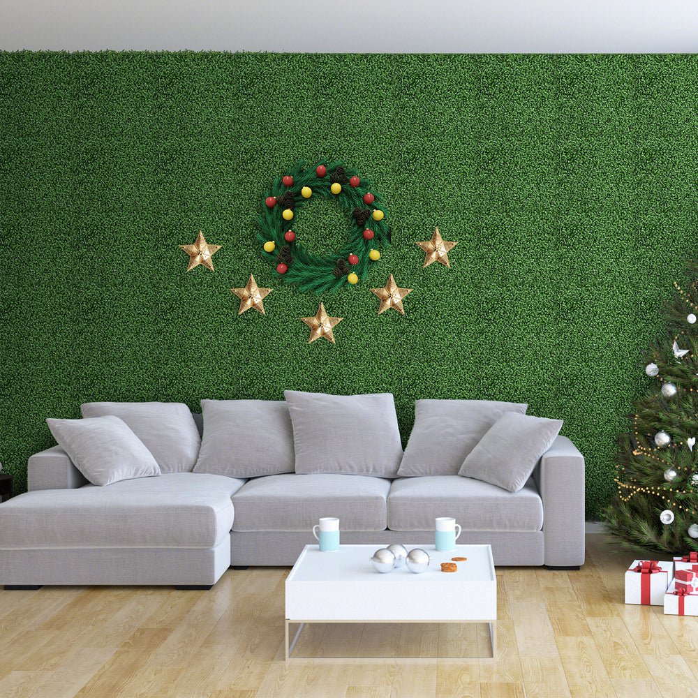 Artificial boxwood wall panels with dense leaves, perfect for indoor or outdoor decoration and easy to maintain.