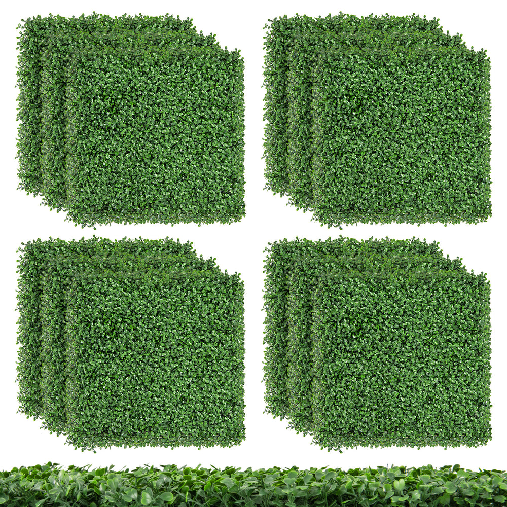 Set of 12 artificial boxwood wall panels, 20 x 20 inches, featuring dense leaves and bendable design for versatile use.