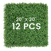 Artificial boxwood wall panel set of 12, each 20"x20", featuring dense leaves and bendable design for versatile use.