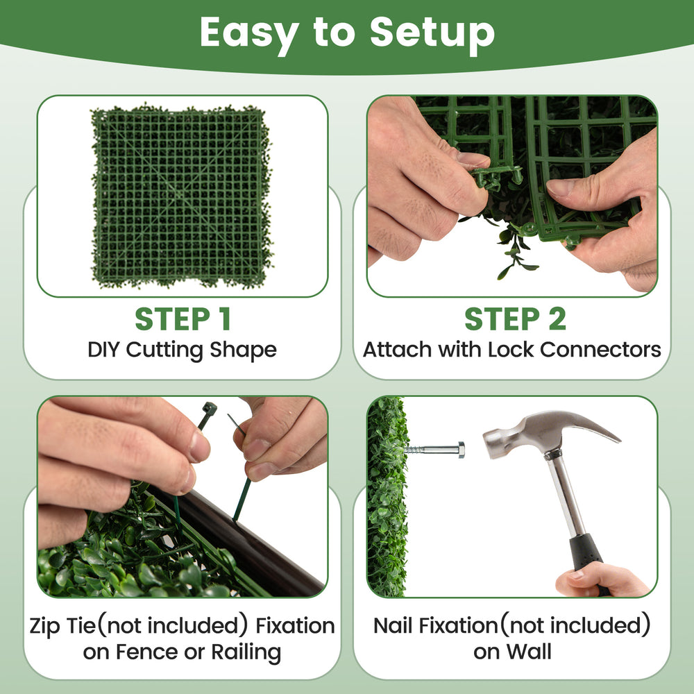 Step-by-step setup guide for 12 pieces of 20 x 20 inch artificial boxwood wall panels with lock connectors.
