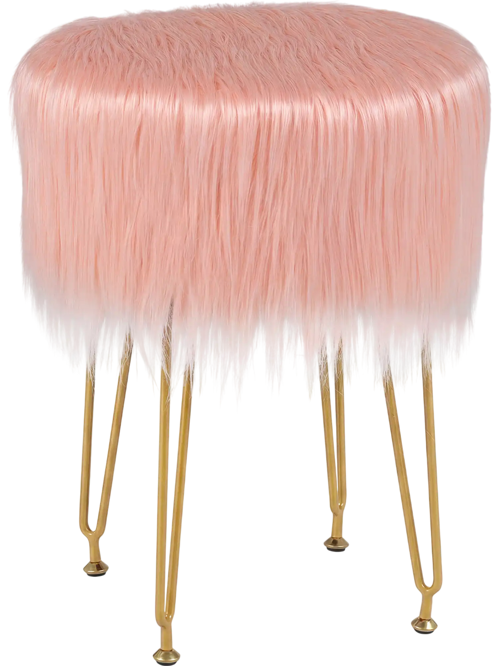 Pink faux fur vanity stool with metal legs, stylish design for bedroom or living room, offers comfort and stability.