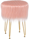 Pink faux fur vanity stool with metal legs, stylish design for bedroom or living room, offers comfort and stability.