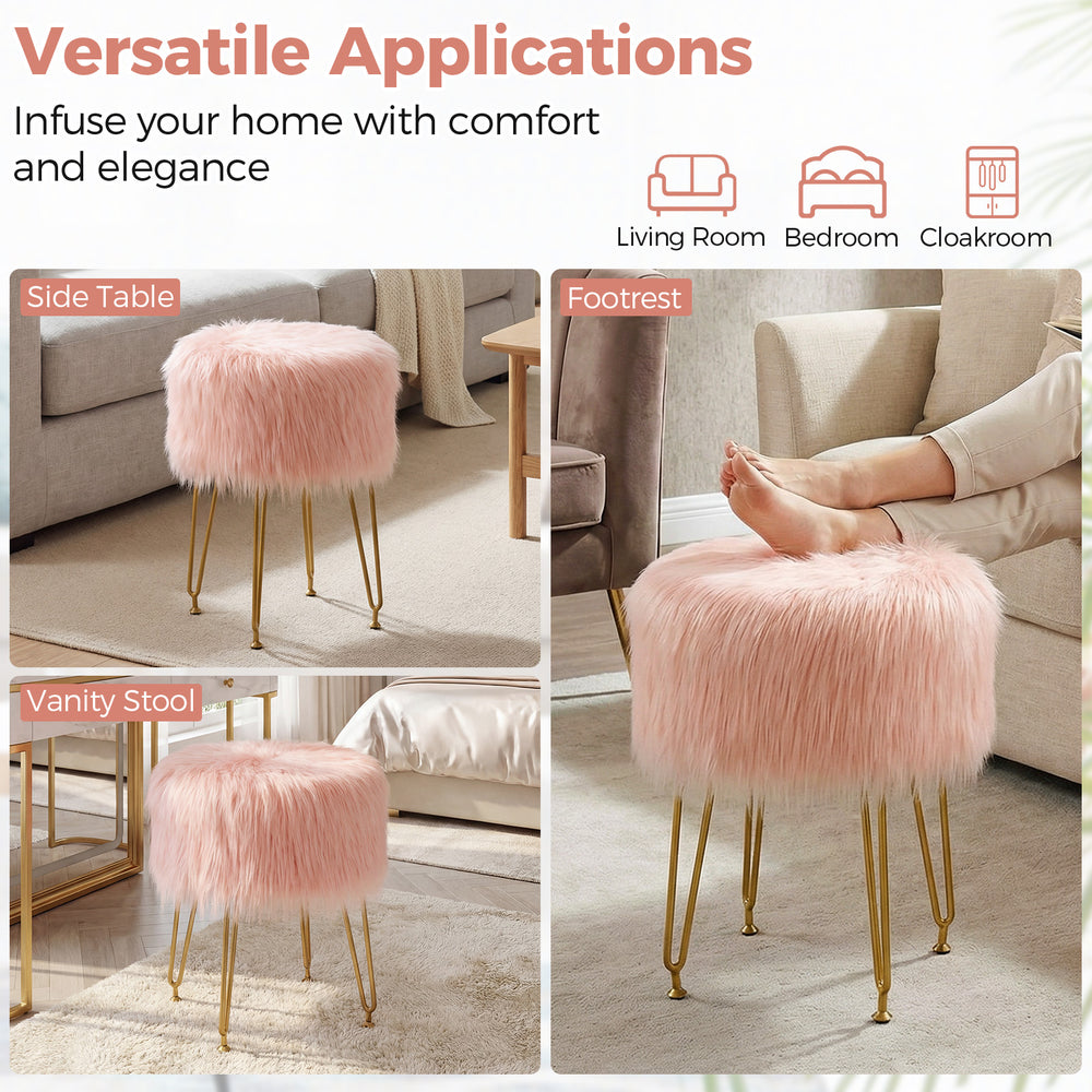 Faux fur vanity stool chair in pink with metal legs, ideal for bedroom or living room decor and comfortable seating.
