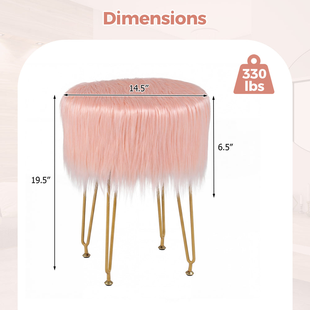 Faux fur vanity stool chair in pink with metal legs, 19.5" height, 14.5" diameter, supports up to 330lbs.