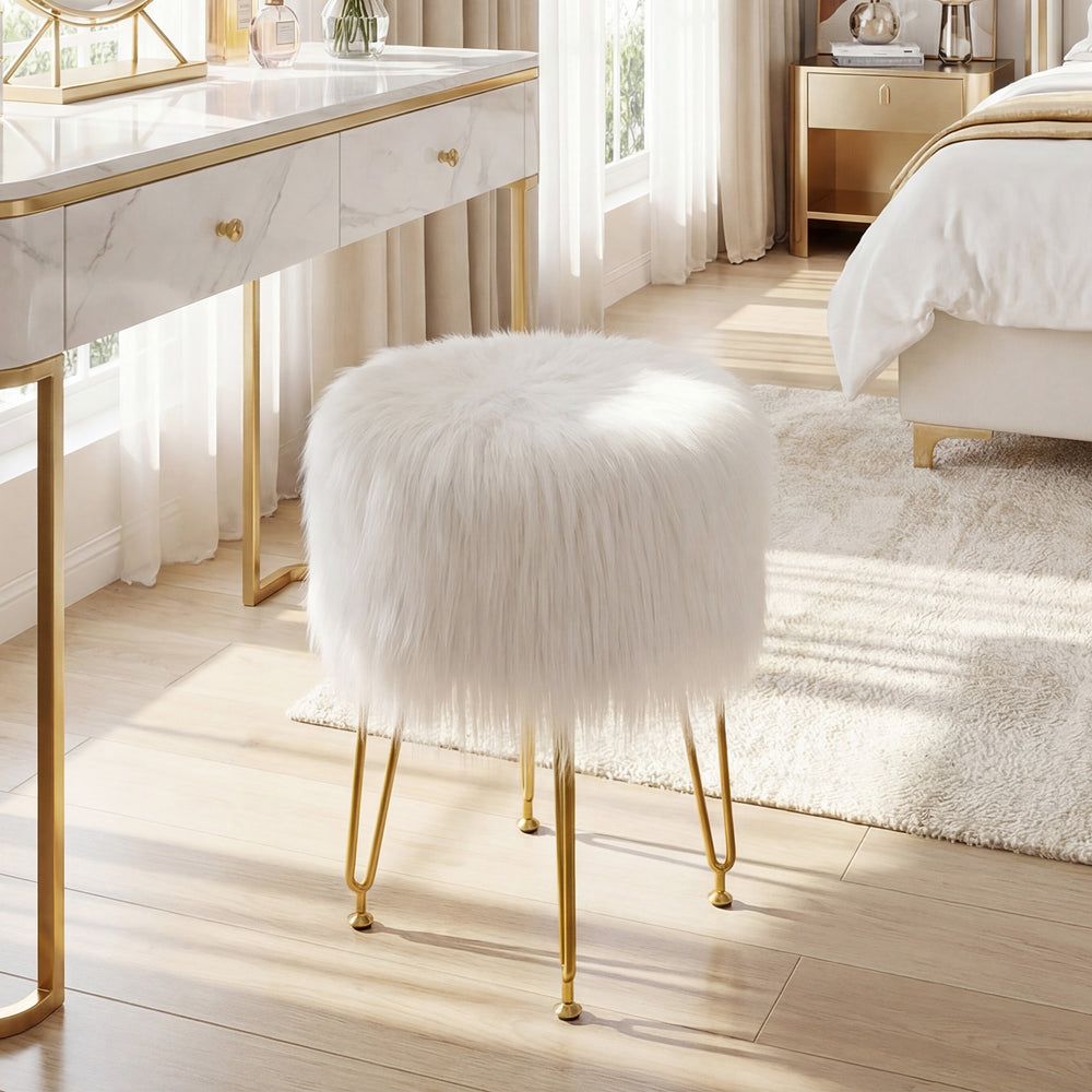 Faux Fur Vanity Stool Chair with Metal Legs for Bedroom and Living Room-White - Gallery View 1 of 10