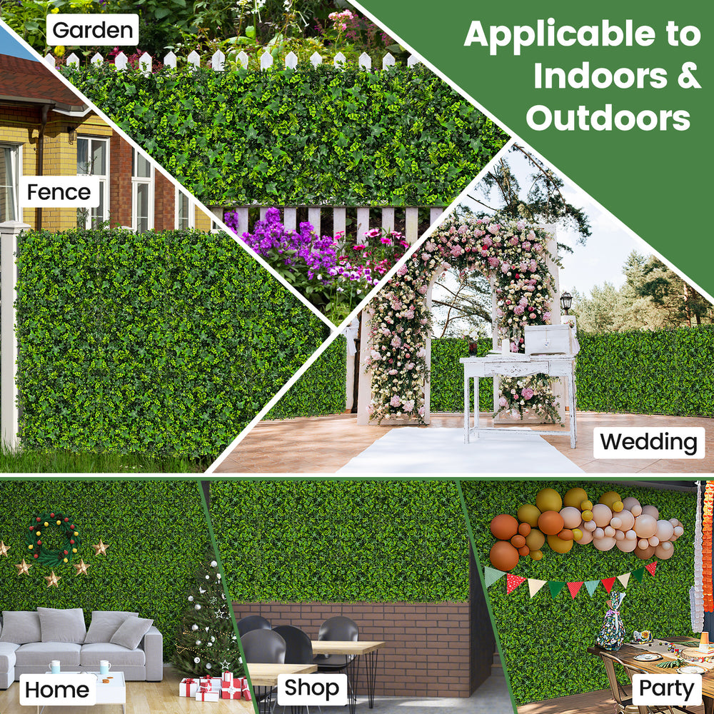 Artificial greenery foliage panels showcasing multiple plant types, ideal for garden, party, or home decoration.