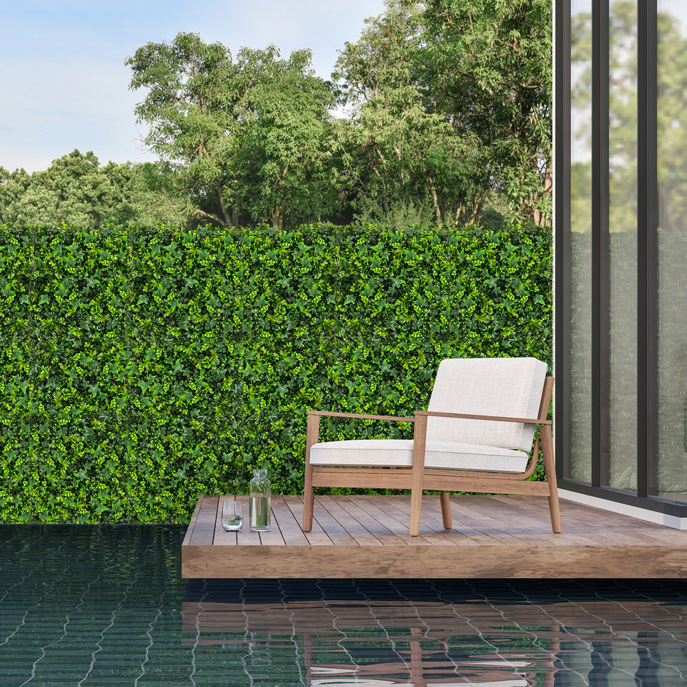 Artificial greenery foliage panel showcasing 6 plant types, 2.8" thickness, ideal for customizable outdoor decor.