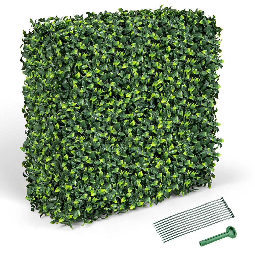 Faux greenery privacy screen hedge wall made of durable PE material, ideal for indoor and outdoor decorative use.