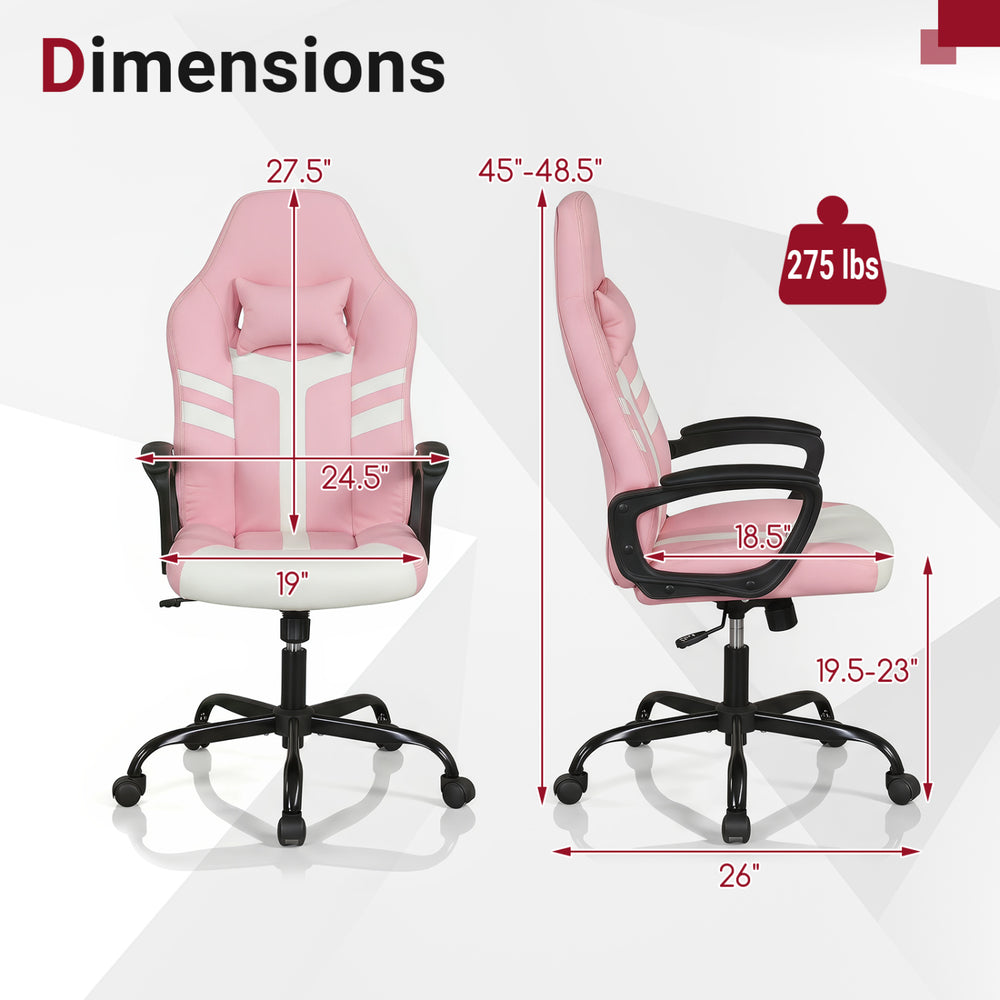 Pink faux leather upholstered office chair with ergonomic design, removable head pillow, and adjustable height for comfort.