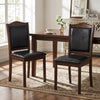 Set of two walnut farmhouse dining chairs featuring faux leather upholstery and sturdy rubber wood frames for comfort.