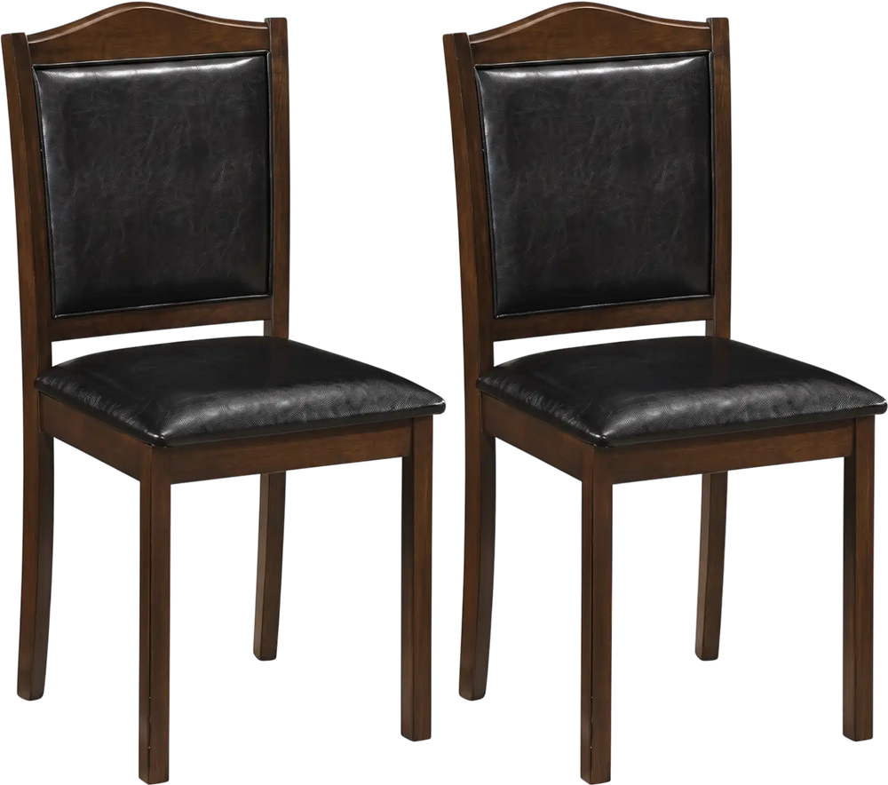 Set of 2 walnut wooden dining chairs with faux leather upholstery and padded seats for comfortable dining experiences.
