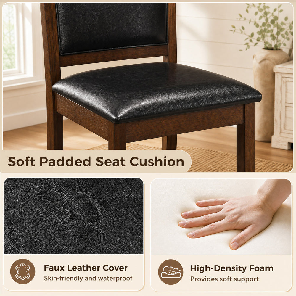 Faux leather upholstered dining chair with high-density foam cushion and walnut frame, perfect for rustic and modern decor.