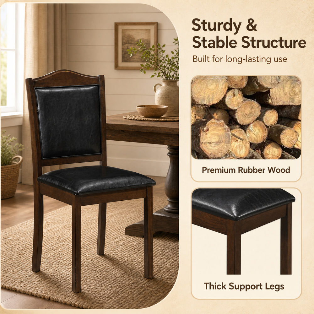Faux leather upholstered wooden dining chair in walnut with sturdy rubber wood frame and comfortable padded seat.