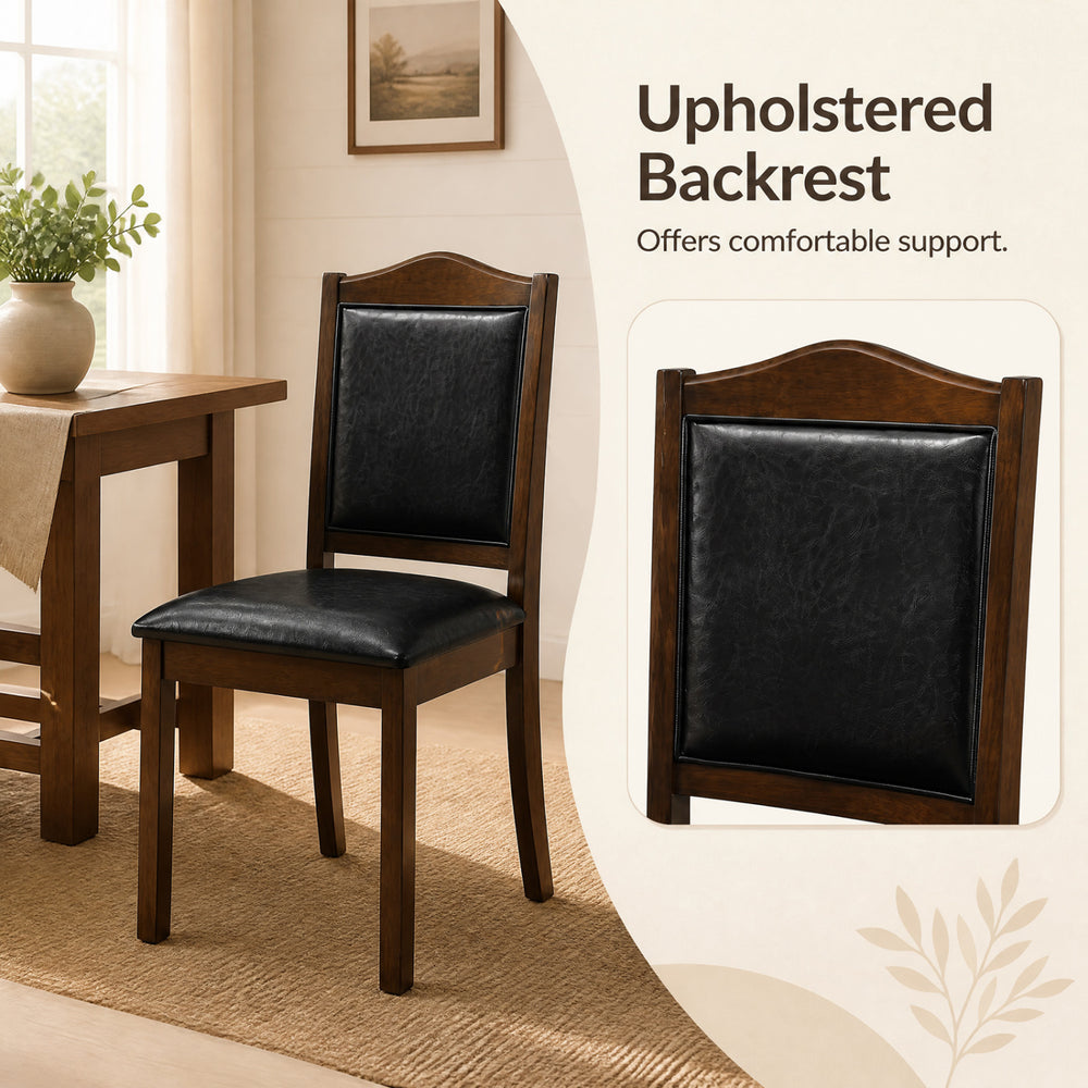 Faux leather upholstered wooden dining chair with a walnut finish, featuring a comfortable backrest for support.
