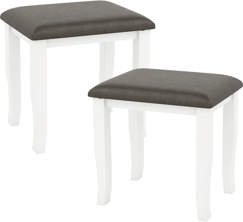 Set of 2 gray faux leather vanity stools with white solid wood legs, ideal for makeup rooms and living spaces.