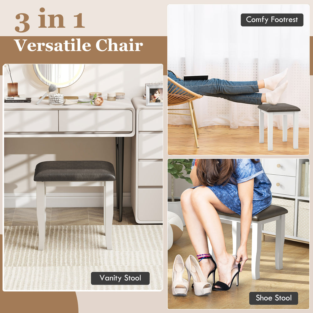 Gray and white faux leather vanity stool set of 2, versatile for makeup room or living room use, with anti-slip foot.