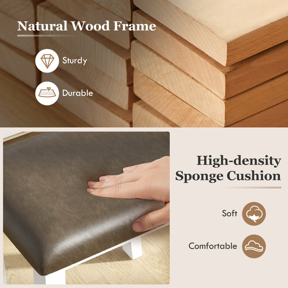 Gray faux leather cushion of a vanity stool, featuring a sturdy natural wood frame and high-density sponge for comfort.
