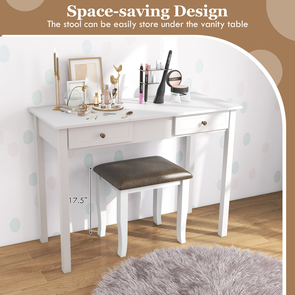 Gray faux leather vanity stool with solid wood legs, designed for makeup rooms and living spaces, featuring a.