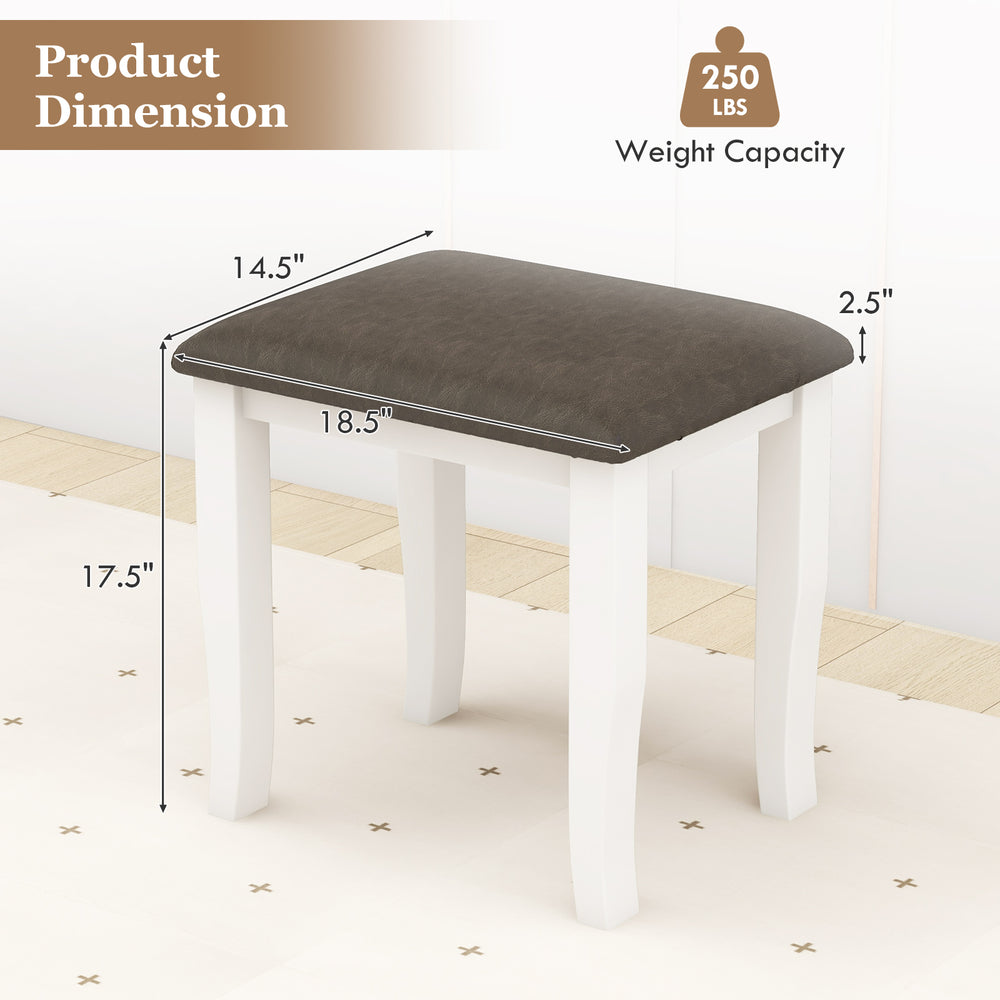 Gray faux leather vanity stool with white legs, measuring 18.5" x 17.5", ideal for makeup rooms and living spaces.