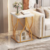Faux marble bedside night stand with petal-inspired metal frame, featuring a square tabletop and bottom shelf for.