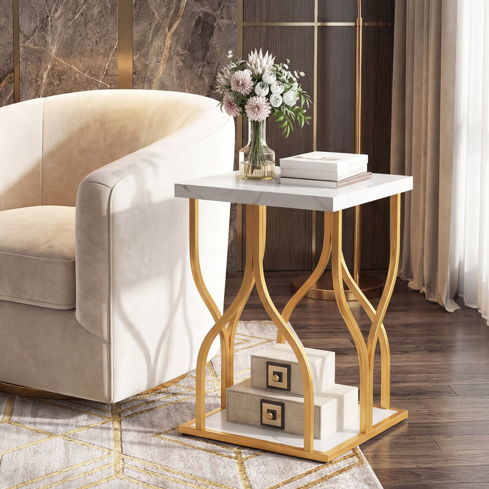 Faux marble bedside night stand with petal-inspired metal frame, featuring a square top and bottom shelf for storage.