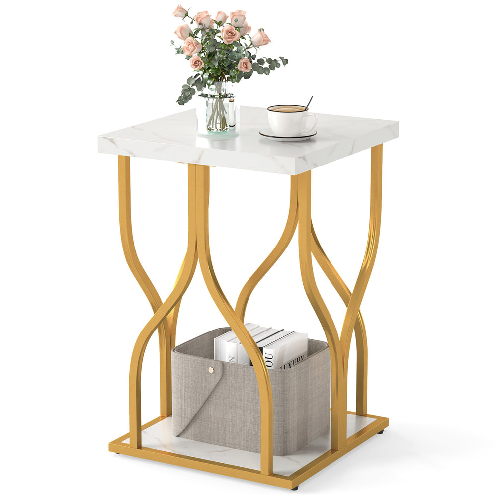 Faux marble bedside night stand with petal-inspired metal frame, highlighting the elegant design and ample display.