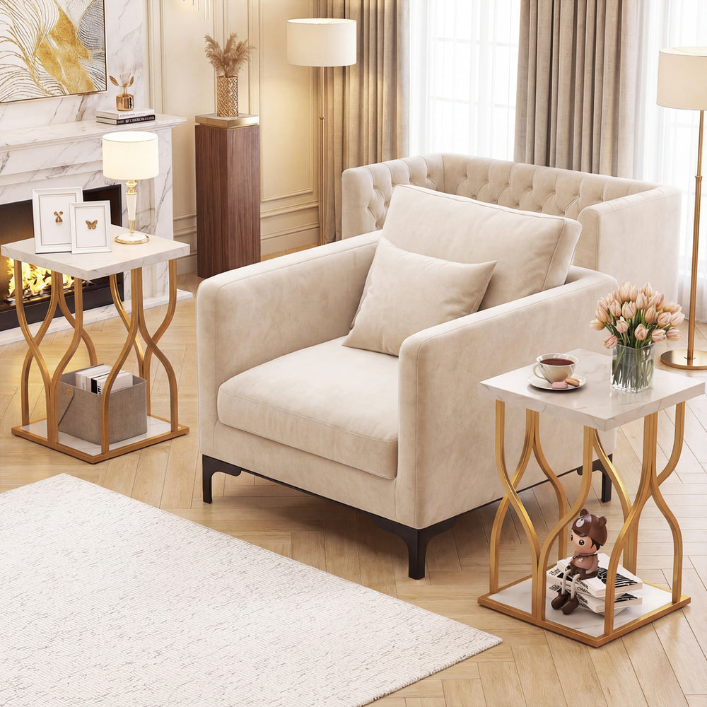 Faux marble bedside nightstand with petal-inspired metal frame, featuring a square top and bottom shelf for storage.