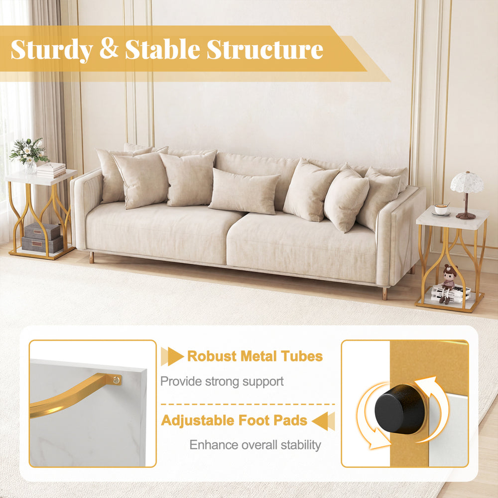 Faux marble bedside nightstand with petal-inspired metal frame and adjustable foot pads for versatile placement.