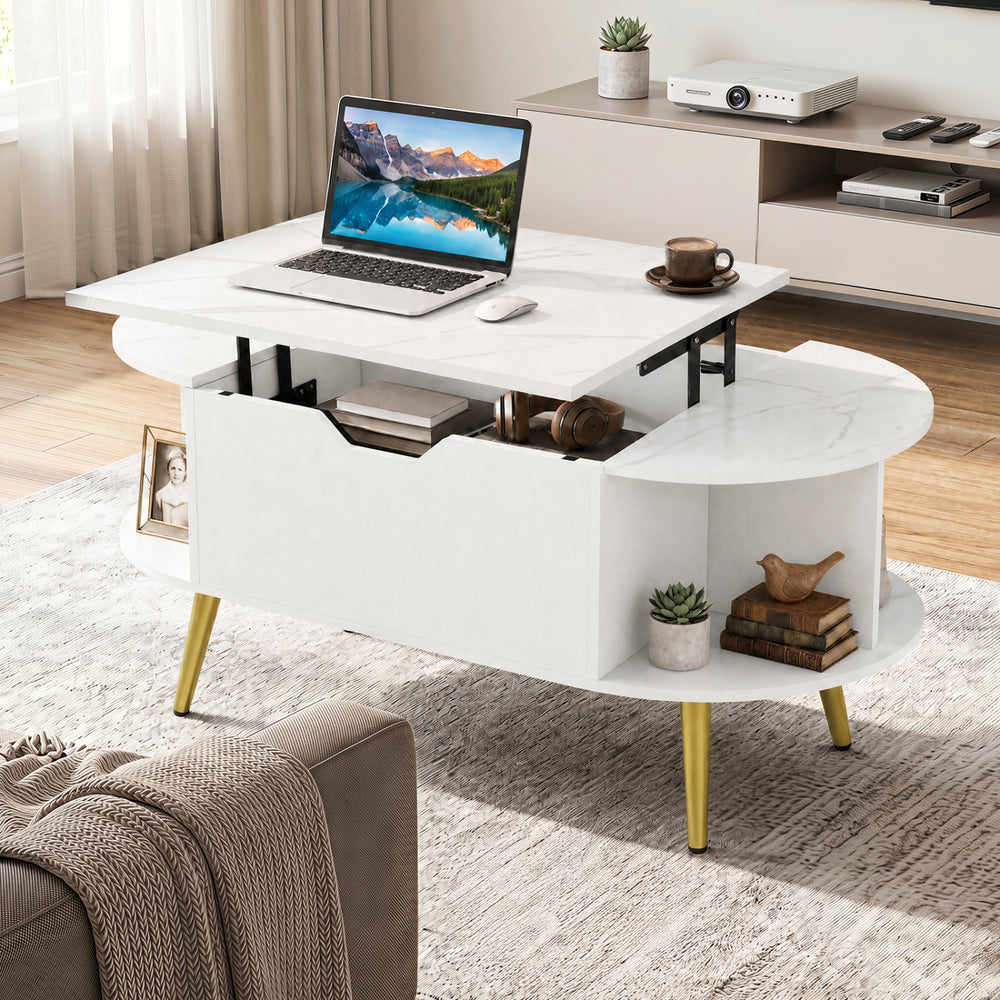 Faux marble lift top coffee table with hidden compartment and shelves, ideal for living room or study use.
