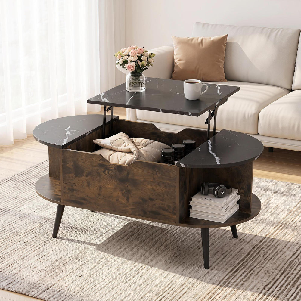 Faux Marble Lift Top Coffee Table with Hidden Compartment and Shelves-Black - Gallery View 1 of 10