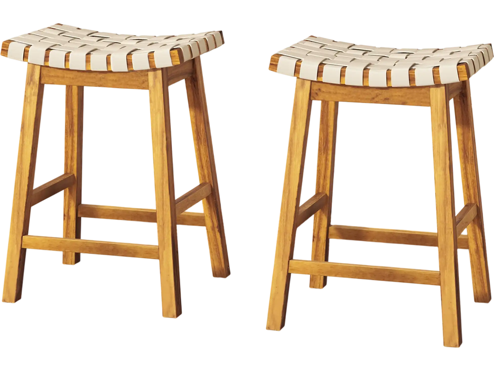 Set of 2 faux PU leather bar stools with woven curved seats, acacia wood frame, ideal for kitchen or dining areas.
