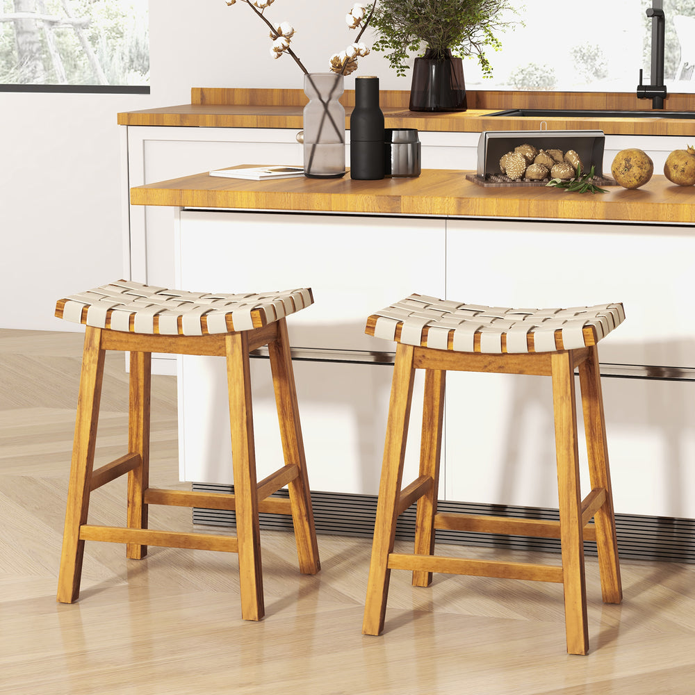Faux PU Leather Bar Stools Set of 2 with Woven Curved Seat Natural-25.5 inches - Gallery View 1 of 8