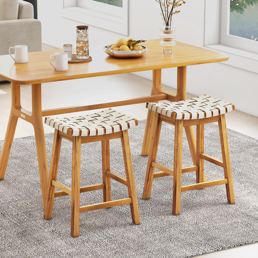 Set of 2 acacia wood bar stools with woven PU leather seats, 25.5 inches tall, perfect for dining or kitchen use.