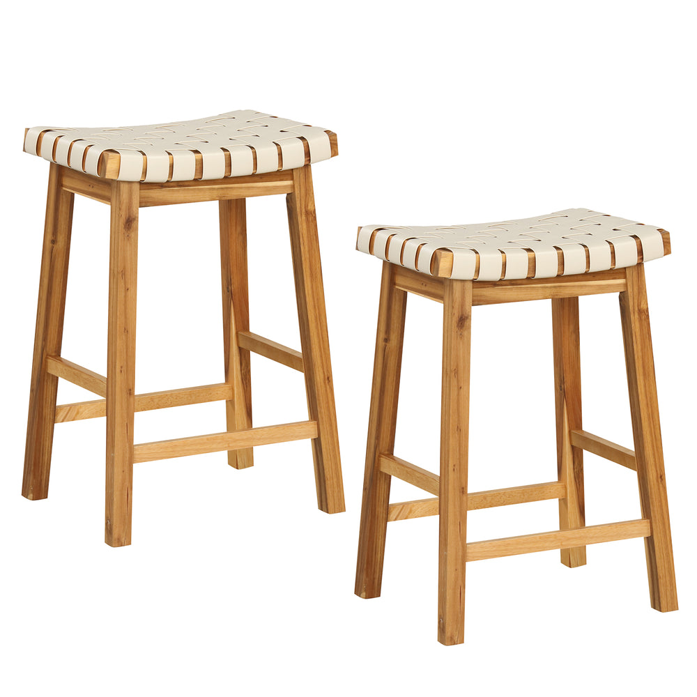 Set of 2 faux PU leather bar stools with woven curved seats and acacia wood frames, ideal for dining or kitchen use.
