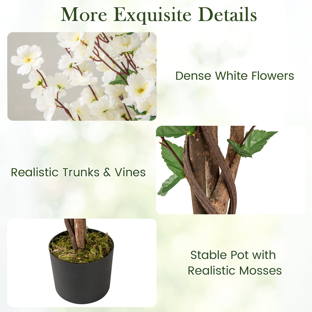 Faux plum blossom plant featuring dense white flowers, realistic trunks, and a stable pot with moss for elegant decor.